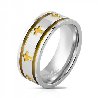 Bague homme en acier à croix et lignes dorées