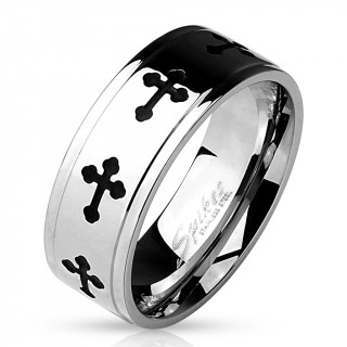 Bague homme en acier à croix médiévales gravées