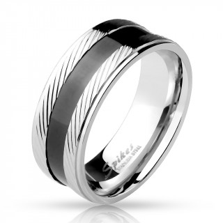 Bague homme en acier  diagonales graves et bande noire