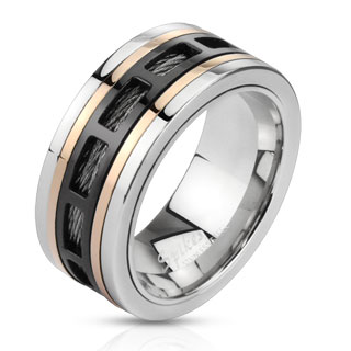 Bague homme en acier  lments techniques cuivrs et noirs