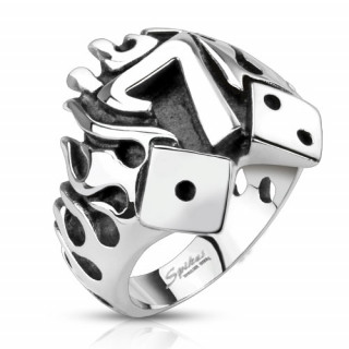 Bague homme en acier  flammes, ds et numro sept