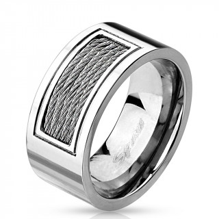 Bague homme en acier  large encoche centrale avec filins