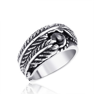 Bague homme en acier  plume enroule et sphre noire