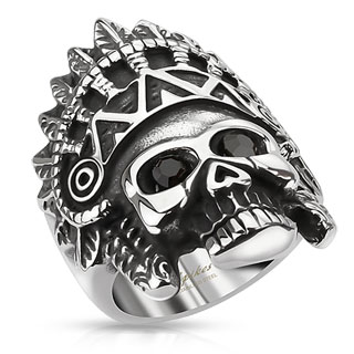 Bague homme en acier  tte de mort chef indien apache