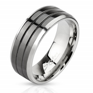 Bague homme en acier  triple bandeau noir laqu