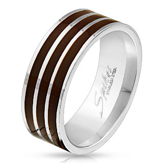 Bague homme en acier  trois lignes marrons