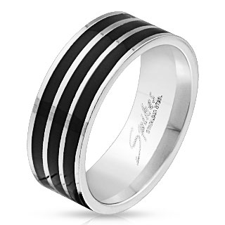 Bague homme en acier  trois lignes noires