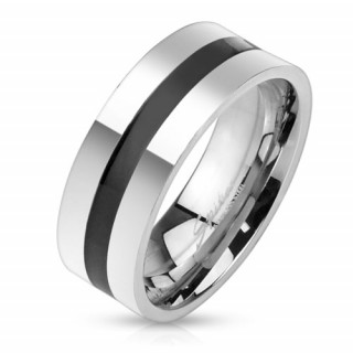 Bague homme en acier argent avec bande noire centrale