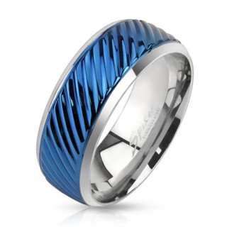 Bague homme en acier argent avec bandeau bleu rainur