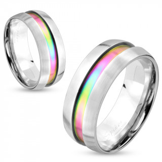 Bague mixte en acier argent avec rainure arc en ciel