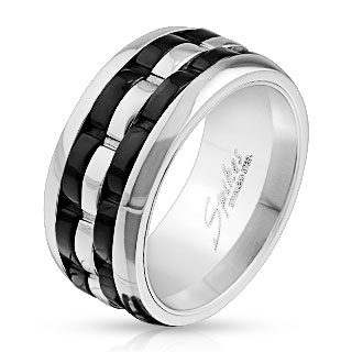 Bague homme en acier avec bande anti-stresse  arcs noirs et argents