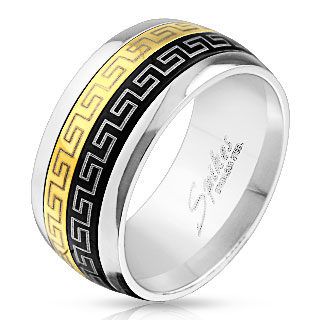 Bague homme en acier avec bande anti-stresse  motif labyrinthe