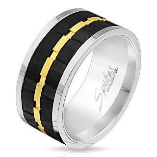 Bague homme en acier avec bande anti-stresse noire et dore style crant