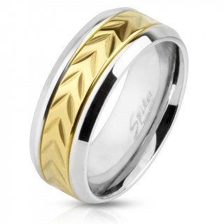 Bague homme en acier avec bande dore  chevrons