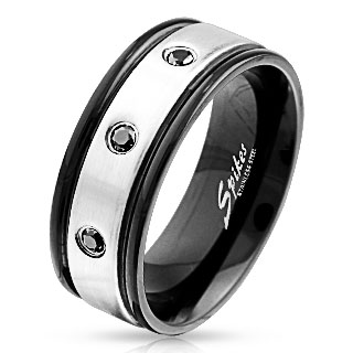 Bague homme en acier avec bandeau  pierres noires