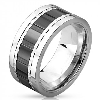 Bague homme en acier avec bandeau anti-stress crant noir et gris