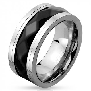 Bague homme en acier avec bandeau anti-stress noir facett