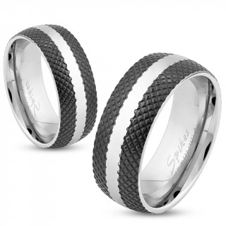 Bague homme en acier avec bandes noires style pneu