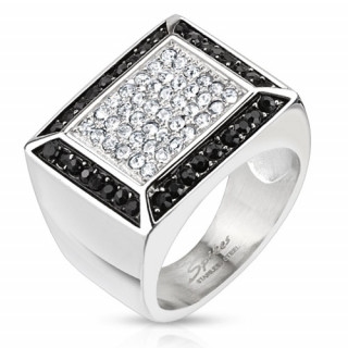 Bague homme en acier avec cadre pavé de pierres noires et claires