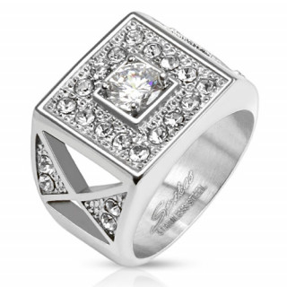 Bague homme en acier avec carrs et triangles pavs de pierres