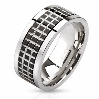 Bague homme en acier avec mosaïc de carreaux noirs