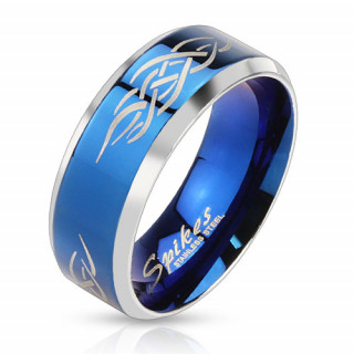 Bague homme en acier avec motif tribal sur bande bleue