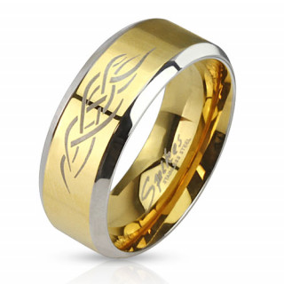 Bague homme en acier avec motif tribal sur bande dore