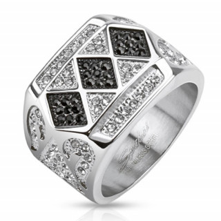 Bague homme en acier avec motifs bicolores en pierres