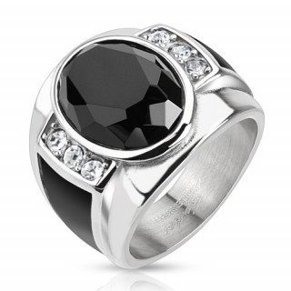 Bague homme en acier avec Onyx ovale borde de pierres claires