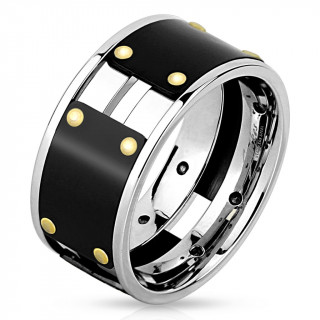 Bague homme en acier avec plaques noires rivetées