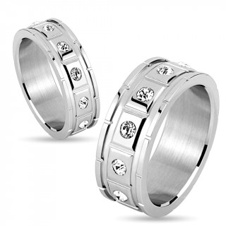 Bague homme en acier avec segments rectangulaires serties