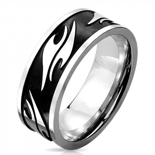 Bague homme en acier avec symboles tribaux sur bande noire