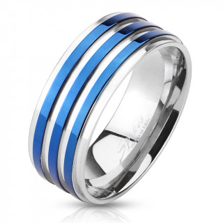 Bague homme en acier avec trio de bandes bleues en relief