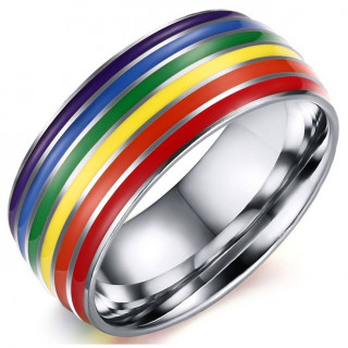 Bague homme en acier  bandes arc en ciel