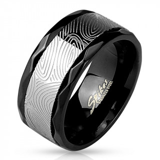 Bague homme en acier bicolore a motifs empreintes digitales et bords facetts