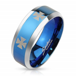 Bague homme en acier bleu avec croix de malte et bordures grises