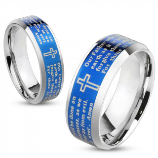 Bague homme en acier bleu avec prire et croix