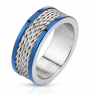 Bague homme en acier bleu et gris avec cinq lignes de filins