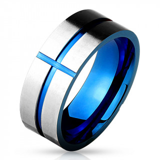 Bague homme en acier bleu et gris bross rainure en croix