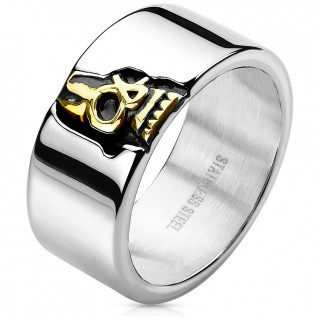 Bague homme en acier  crane dor semi dissimul