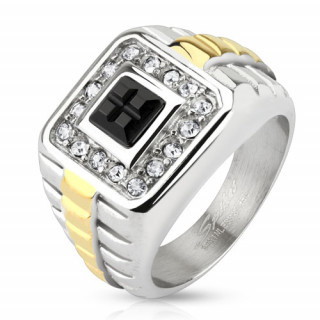 Bague homme en acier dor et argent lacre avec onyx et zircons