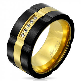 Bague homme en acier doré à ligne de pierres bordée d'anneaux noirs