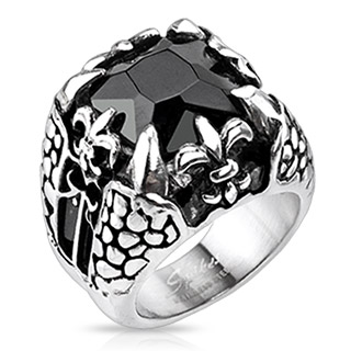 Bague homme en acier caill  griffes, fleur de Lys et Onyx