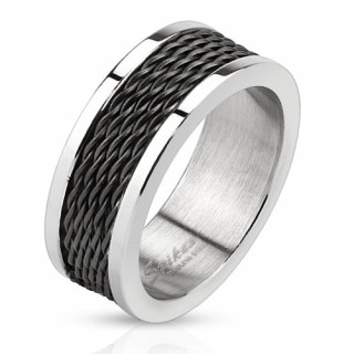 Bague homme en acier gris avec cinq lignes de filins noirs