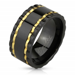 Bague homme en acier noir à anneaux dorés style engrenage