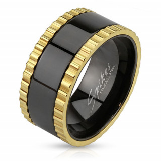 Bague homme en acier noir  anneaux latraux dors crants