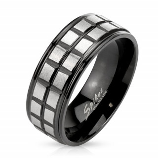 Bague homme en acier noir  carreaux gris brosss