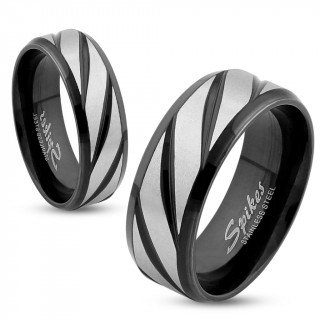 Bague homme en acier noir  diagonales gris bross