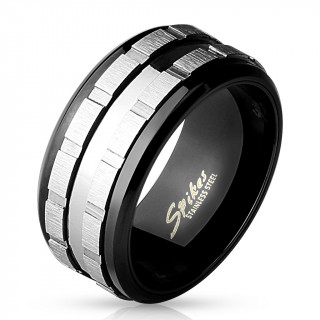 Bague homme en acier noir  duo d'anneaux crants anti-stresse