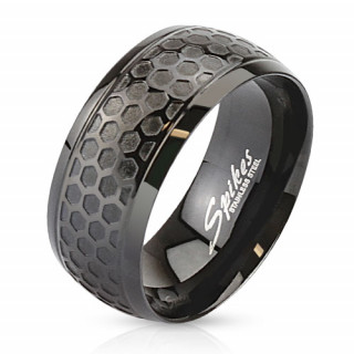 Bague homme en acier noir  reliefs nid d'abeilles